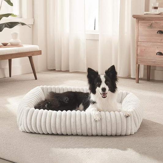 FURTIME Dog Bed Medium Size Dog, Washable Orthopedic Pet Bed with Removable Cover, Rectangle Soft Calming Sleeping Puppy Bed Durable Pet Cuddler with Anti-Slip Bottom, Cream, M Plus (30"x24"x8")