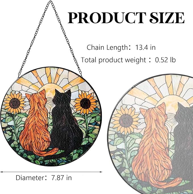 Cat Decorative Stained Glass Window Hanging Suncatcher Decoration - 7.87 Inch, Yellow Fur Black Cat Sunflower Decoration, Yard Decorations for Women, Friends and Family