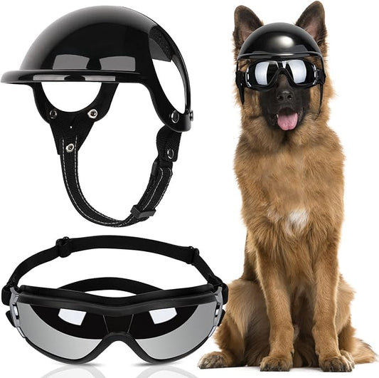 SlowTon Dog Helmet and Goggles - UV Protection Doggy Sunglasses Dog Glasses Pet Motorcycle Helmet Hat with Ear Holes Adjustable Belt Safety Hat for Small Medium Large Dogs Puppy Riding (Black, L)