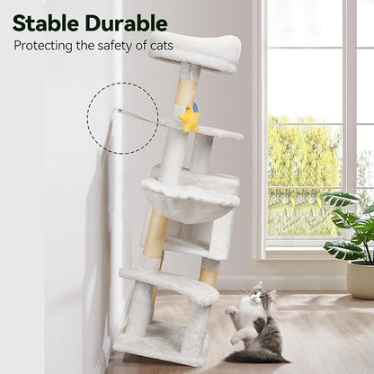 Meecal 43-Inch Cat Tree,Cute Cloud Cat Tree for Kittens & Small Cats Under 6 Months 9lbs, Cat Tower with Scratching Post, Double Condos, Plush Hammock & Dangling Toys, White
