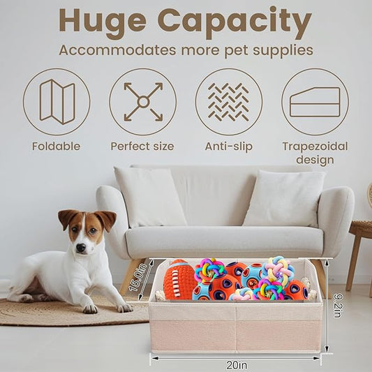 Large Dog Toy Basket With Handle, Foldable Dog Toy Box for Living Room Area, 20" Basket for Dog's Toys, Clothes, Organizers and Storage with Hard Board, Anti-slip for Pet Toys (Beige, Medium)