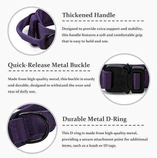 Tactical Dog Collar, Adjustable Military Training Nylon Dog Collar with Control Handle and Heavy Quick-Release Metal Buckle for Small Medium Large Dogs, Purple XL