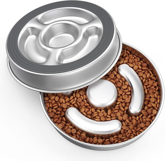 Stainless Steel Non Slip Slow Feeder Dog Bowl, 4 Cups Metal Dog Food Bowls for Medium and Large Dogs, Fun Bloat Stop Pet Bowl Dogs Water Bowl for Fast Eaters, Slows Down Pets Eating
