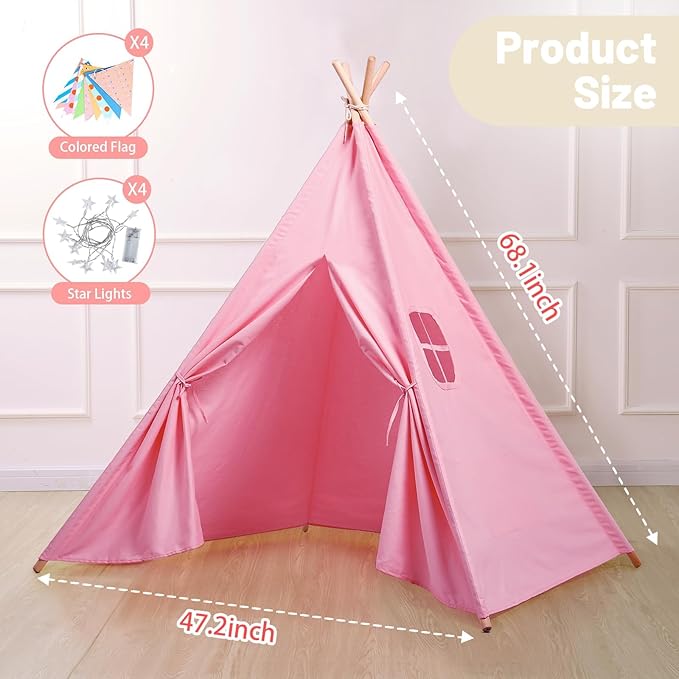 Wilwolfer 4 Pack Teepee Tent for Kids, Foldable Indoor Play Sleepover Tent with Star Lights for Girls Party, Portable Toddler Slumber Party Tents Gift, Pink