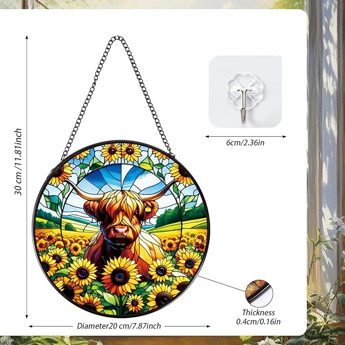 Highland Cow Stained Glass Window Hanging, 7.8" Sunflower Cow Sun Catchers Indoor Window Decor, Suncatchers for Windows Hanging Gifts for Women