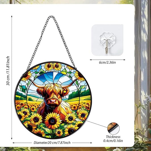 Highland Cow Stained Glass Window Hanging, 7.8" Sunflower Cow Sun Catchers Indoor Window Decor, Suncatchers for Windows Hanging Gifts for Women
