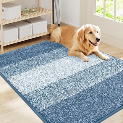 Smiry Dog Door Mat for Muddy Paws, Absorbs Moisture and Dirt, Low-Profile Entryway Mat with Non-Slip Backing, Entry Indoor Outdoor Doormat for Inside Floor (40x32 Inches, Light Blue, Striped)