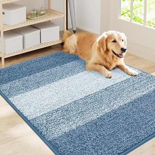 Smiry Dog Door Mat for Muddy Paws, Absorbs Moisture and Dirt, Low-Profile Entryway Mat with Non-Slip Backing, Entry Indoor Outdoor Doormat for Inside Floor (40x32 Inches, Light Blue, Striped)