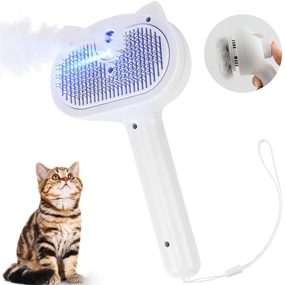 Pet Steam Brush for Dogs, 4 in 1 Cat Steam Brush for Long Short Haired, Self Cleaning Brush for Shedding, Metal Pet Misting Hair Comb with Handle for Grooming Kitten Dog(White)
