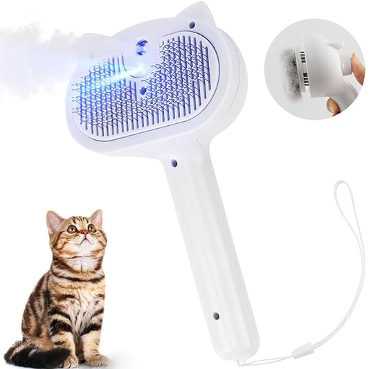 Pet Steam Brush for Dogs, 4 in 1 Cat Steam Brush for Long Short Haired, Self Cleaning Brush for Shedding, Metal Pet Misting Hair Comb with Handle for Grooming Kitten Dog(White)