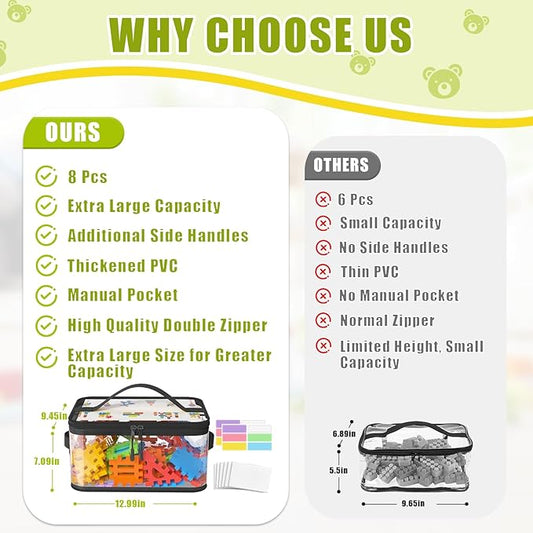 8 Pack Extra Large Clear Toy Storage Bags with Zippers & Labels, Reusable PVC Transparent Waterproof Toy Organizer Bags for Board Game Storage, Building Blocks, Puzzle, Dolls