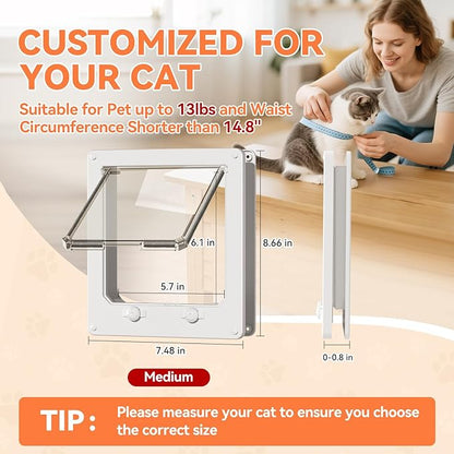 LIBBEPET Thin Cat Door, Safety Pet Door for Cats Up to 13 lbs, Interior Cat Door with 4 Way Locking for Window, Sliding Door and Cat House, Easy to Install, Medium