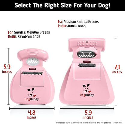 DogBuddy Pooper Scooper, Portable Dog Pooper Scooper, Poop Scooper for Small and Large Dogs, Pooper Scooper with Bag Attachment, Leash Clip and Dog Waste Bags Included (Medium, Pink)