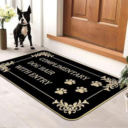 Funny Dog Welcome Mat “COMPLIMENTARY Dog Hair” Doormat with Paw Print Design, 17" x 29" Non-Slip Indoor Outdoor Entry Rug, Pet Lover Gift for Porch or Entryway