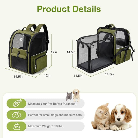 Lekebobor Large Cat Backpack Carrier Expandable Pet Carrier Backpack for Small Dogs Medium Cats Fit Up to 18 Lbs, Dog Backpack Carrier, Foldable Puppy Backpack Carrier for Travel, Hiking,Dark Green