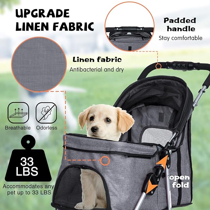Dog Stroller for Small Dogs,Pet Stroller Strolling Cart Folding Pet Gear Lightweight Waterproof with Storage Basket for Puppy Small Medium Dogs Cats for Travel,Grey