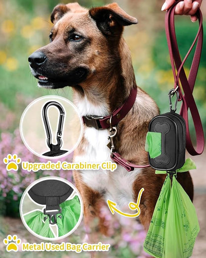 Dog Poop Bag Holder, Hands Free Cute Dog Poop Bag Dispenser for Leash with Big Opening Pet Waste Bag Holder Zippered Pouch with Carabiner Hook Waterproof Pet Poop Bag Holder Black