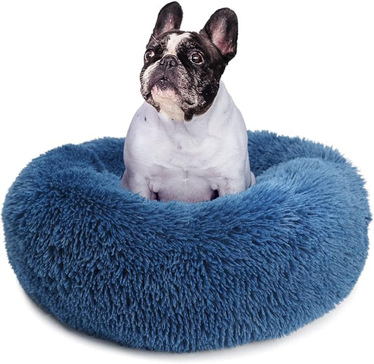 Calming Donut Dogs Beds for Small Dogs Washable,23inch Plush Round Pet Bed for Cozy Sleep,Fluffy Faux Fur Large Cat Bed,Fits up to 25 lbs Pets,Navy Blue