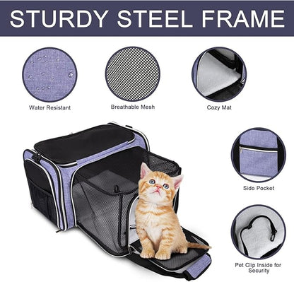 BAGLHER Cat Carrier Bag,Airline Approved Pet Carrier Soft Side Pet Travel 5 Sides Open Doors 3 Sides Expandable Foldable Dog Carrier with Fleece Pad