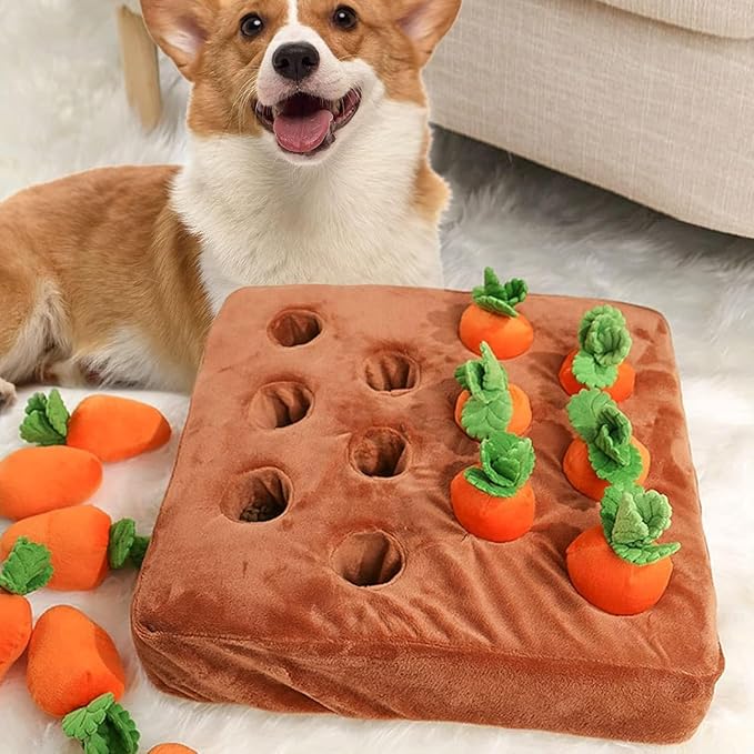 Carrot Dog Toy, Interactive Dog Carrot Puzzle Toy, Snuffle Mat for Dogs Toy Carrot, 2 in 1 Non-Slip Nosework Feed Games, Dog Carrot Toy Pet Stress Relief with 12 Carrots