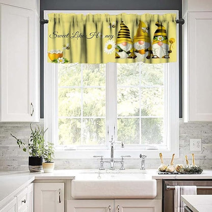 Rustic Bee Valances Curtain for Kitchen, Sweet Like Honey Gnomes Window Treatment Valances Short Curtains Rod Pocket Drape for Dining Room Home Farmhouse Decor, 54x18inch