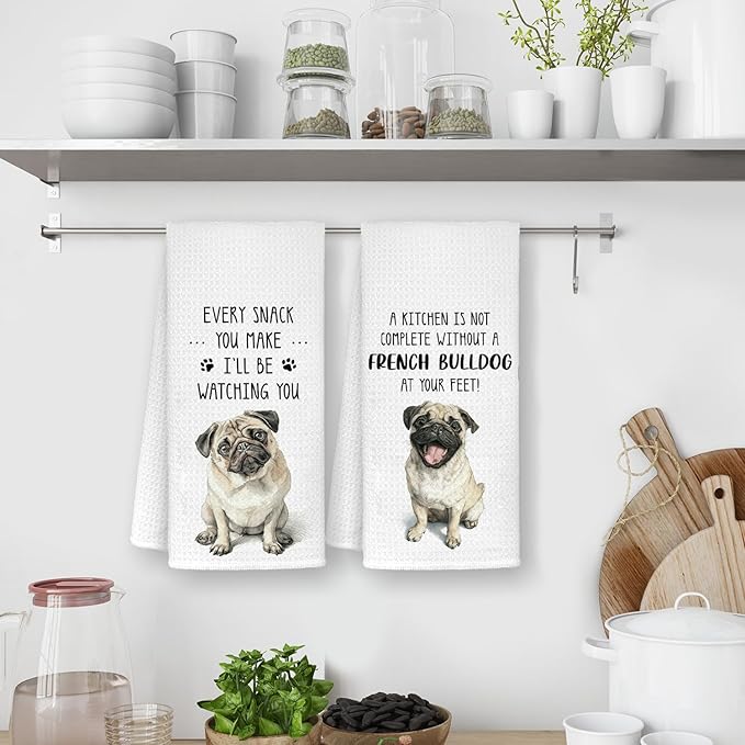 Funny Pug Kitchen Bathroom Towels, Gifts for Pug Lovers Women Dish Tea Towels, Dog Mom Dad Lovers Owner Gifts for Women Men Decorative Hand Towels for Kitchen Decor, 16x24 Inch Set of 2