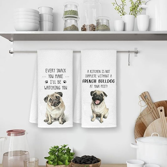Funny Pug Kitchen Bathroom Towels, Gifts for Pug Lovers Women Dish Tea Towels, Dog Mom Dad Lovers Owner Gifts for Women Men Decorative Hand Towels for Kitchen Decor, 16x24 Inch Set of 2