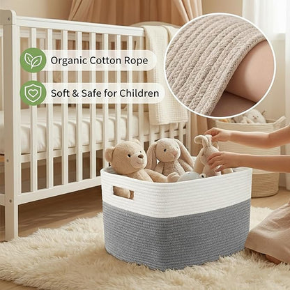 Woven Blanket Basket,65L Large Storage Bin for Blankets Toys Clothes,Decorative Rope Basket for Living Room Bedroom with Handles, White&Grey
