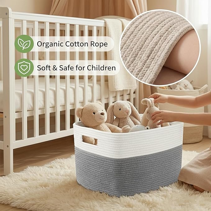 Woven Blanket Basket,96L Large Storage Bin for Blankets Toys Clothes,Decorative Rope Basket for Living Room Bedroom with Handles, White&Grey