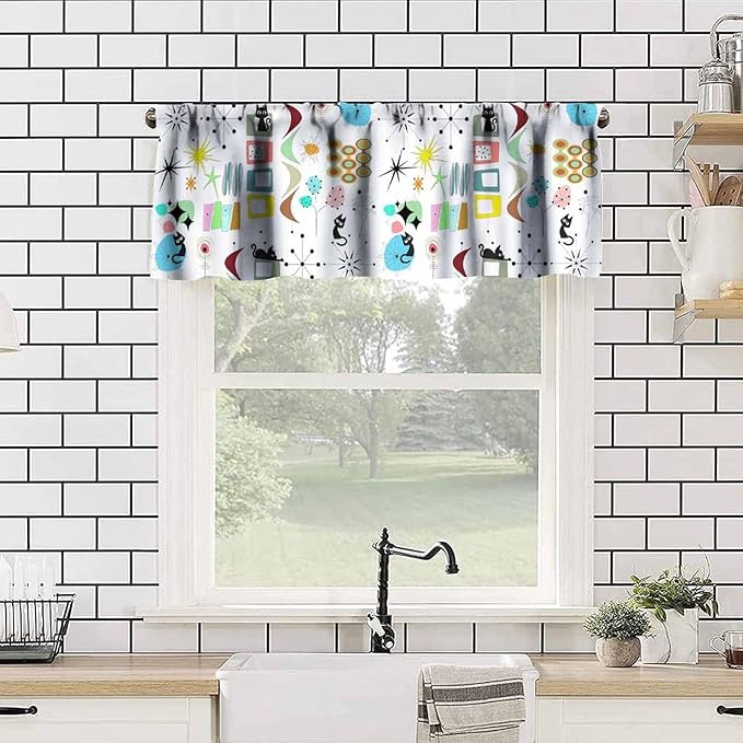 Mid Century Cat Window Valance Curtains, Retro Atomic Starburst Vintage Modern Abstract Geometric Pattern 50s 60s Curtains Valance for Bedroom Living Room Kitchen 54x18inch