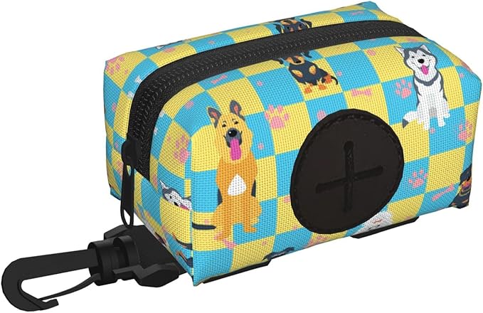 Dog Poop Bag Holder for Leashes - Lightweight Pet Waste Bags Dispenser Doggy Zippered Pouch for Puppy Walking Accessories(Plaid Dog Paw Print Bones)
