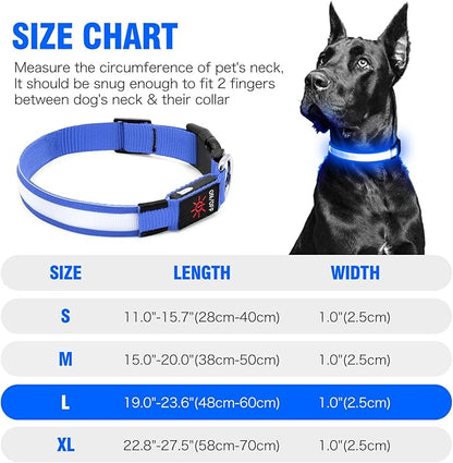 LED Dog Collar, USB Rechargeable Light Up Dog Collars, Adjustable Glow Collars for Dogs,Reusable Safety Dog Collar for Small, Medium, Large Dogs (Blue, Large)