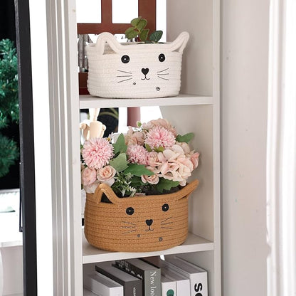 Zopeal Cat Basket Storage Woven Organizer with Ears Easter Decorative Pet Toy Cute Cotton Rope Basket for Gift Cat Dog Toy Bin Nursery Room(8.3 x 4.7 Inch,Khaki)