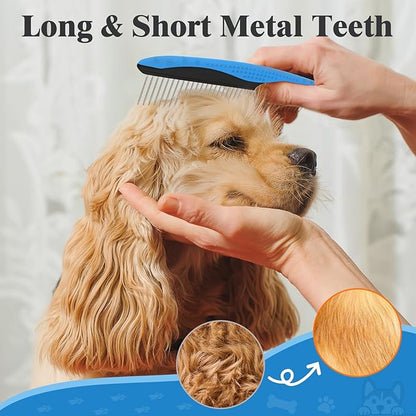 2PCS Self Cleaning Slicker Brush & Dog Comb - Skin Friendly Deshedding Grooming Tool for Dogs, Cats and Small Animals, Professional Deshedding Dematting Tool for Long and Short Haired Pets ((Blue2))