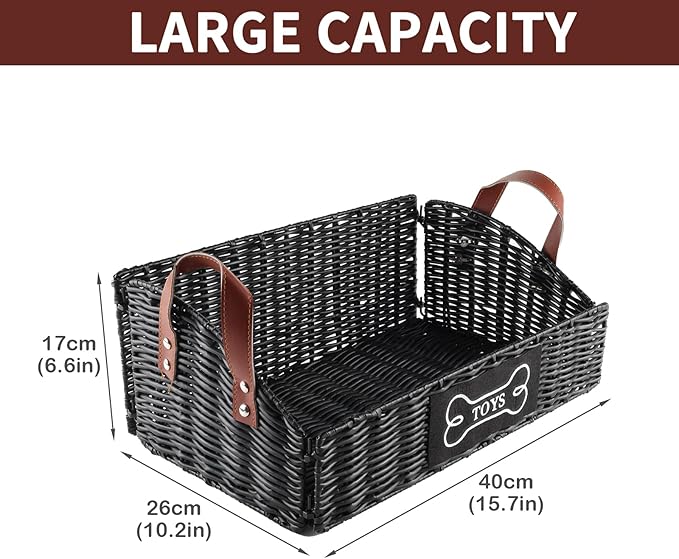 Pet Dog Toy Basket with handle,Trapezoid Puppy Toy Bin,collapsible Poly Wicker Storage Basket,Dog Storage Organizer for Leash Blanket Collar-Natural Farmhouse-Easy Access