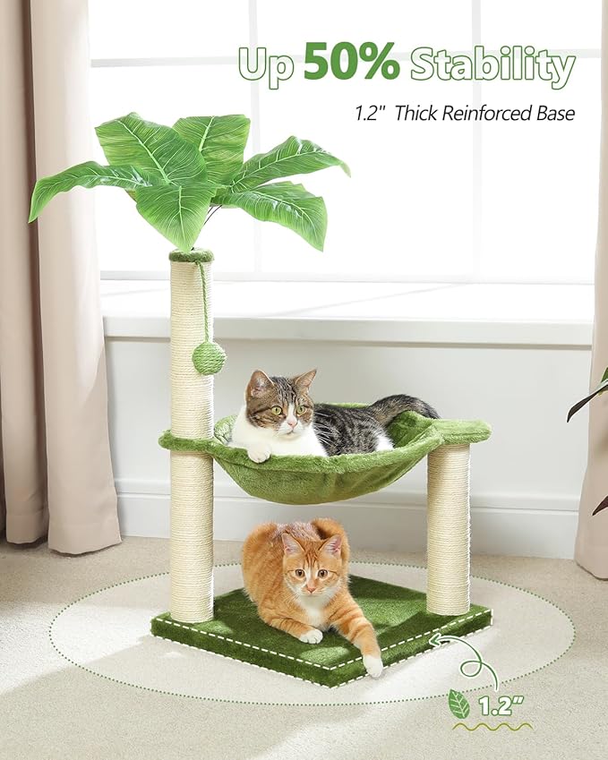 MUTTROS Small Cat Tree, 28" Cat Tower with Sisal Scratching Posts and Coconut Leaves for Indoor Small Cats, Large Hammock and Dangling Ball for Kittens, Green