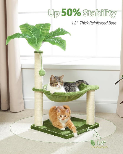 MUTTROS Small Cat Tree, 28" Cat Tower with Sisal Scratching Posts and Coconut Leaves for Indoor Small Cats, Large Hammock and Dangling Ball for Kittens, Green