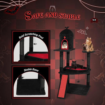 VINGLI 53.5in Gothic Cat Tree with Coffin Bed, Large Cat Tower for Indoor Cats with Spacious Condo, Spider Web Perch, Sisal Scratching Posts & Board, Hanging Spider Toys, Red & Black Cat Furniture
