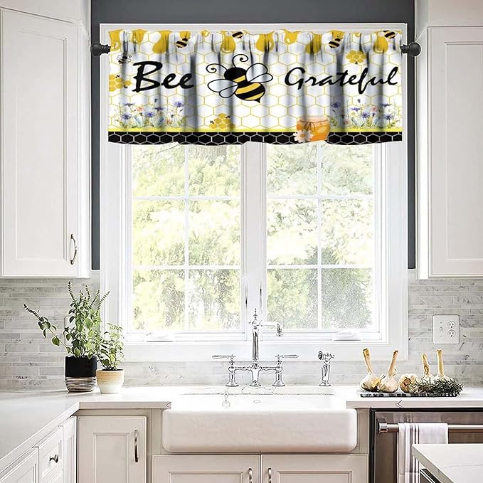 Rustic Bee Valances Curtain for Kitchen, Bees Spring Flower Yellow Black Honeycombs Window Treatment Valances Short Curtains Rod Pocket Drape for Dining Room Home Farmhouse Decor, 54x18inch