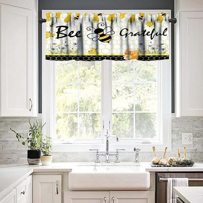 Rustic Bee Valances Curtain for Kitchen, Bees Spring Flower Yellow Black Honeycombs Window Treatment Valances Short Curtains Rod Pocket Drape for Dining Room Home Farmhouse Decor, 54x18inch