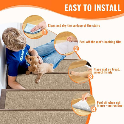 Stair Treads Non-Slip for Wooden Steps, 7Pack - 8" x 30" Edging Stair Runner Indoor for Kids Elders & Pets, Washable Carpet Stair Treads with Peel & Stick Reusable TPE Backing, Beige