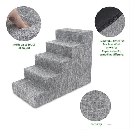 Best Pet Supplies Dog Stairs & Steps - Foam Steps for Small Dogs & Cats, Non-Slip Indoor Balanced Pet Step Support, Dog Ramp, No Assembly, Ash Gray Linen, 5-Step (22.5-inch Height)