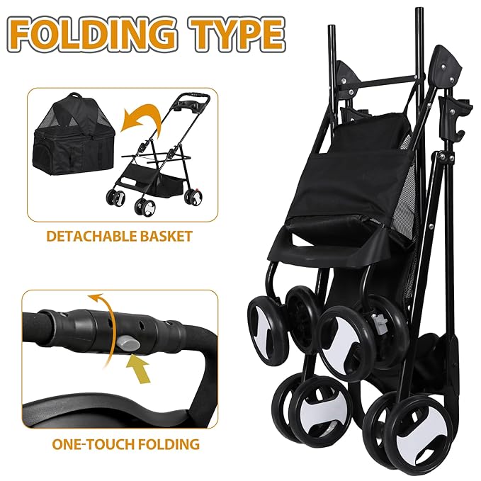 4 Wheels Dog Stroller with Detachable Carrier Folding Pet Strolling Cart for Small Medium Cats Puppies with Storage Basket Cup Holder, Black