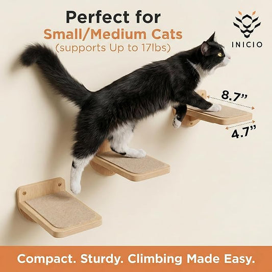 INICIO Cat Wall Stairs, Natural Wood - Set of 3 Wall Steps for Cats to Climb with Fixtures, 8.7"x4.7" - Floating Steps for Climbing or Playing - for Kittens and Adult Cats