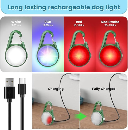 2Pack Dog Lights for Night Walking Dog Collar Light Clip on Rechargeable Glow in The Dark Light with 4Modes & RGB Color for Camping