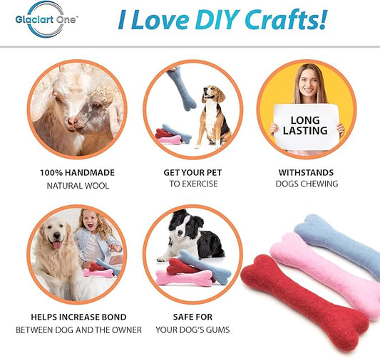 Glaciart One Felted Wool Dog Chew Bone (3 Pcs)| Durable for Puppy Chew for Teething & Dog Teeth Cleaning | Pet Toys Fetch Games & for Anxiety/Boredom | Great for Small or Medium