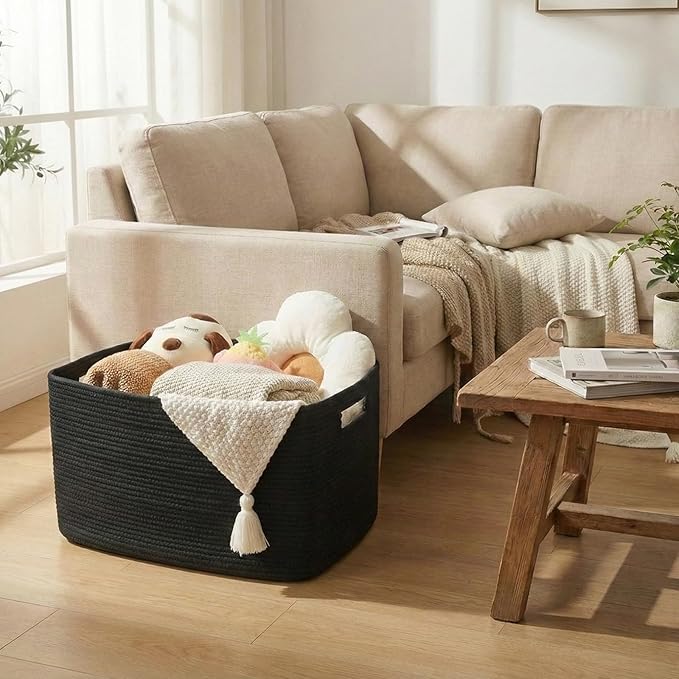 Woven Blanket Basket,65L Large Storage Bin for Blankets Toys Clothes,Decorative Rope Basket for Living Room Bedroom with Handles, Black