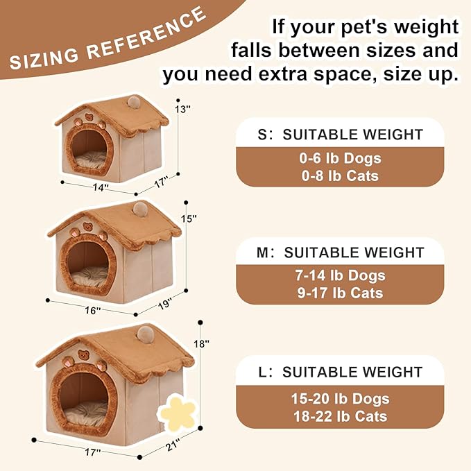 JIUPETY Dog House Dog Bed with Cover Cave with Non-Slip Bottom, M Size Tent Bed for 7-14 Lb Dogs and 9-17 Lb Cats, Brown