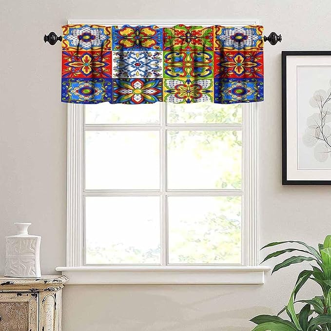 Mexico Valance Curtains Mexican Talavera Ceramic Colorful Tile Patchwork Pattern Window Treatment Valances Short Curtains Rod Pocket Drape for Dining Room Home Kitchen Decor, 54x18inch