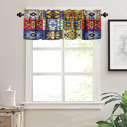 Mexico Valance Curtains Mexican Talavera Ceramic Colorful Tile Patchwork Pattern Window Treatment Valances Short Curtains Rod Pocket Drape for Dining Room Home Kitchen Decor, 54x18inch
